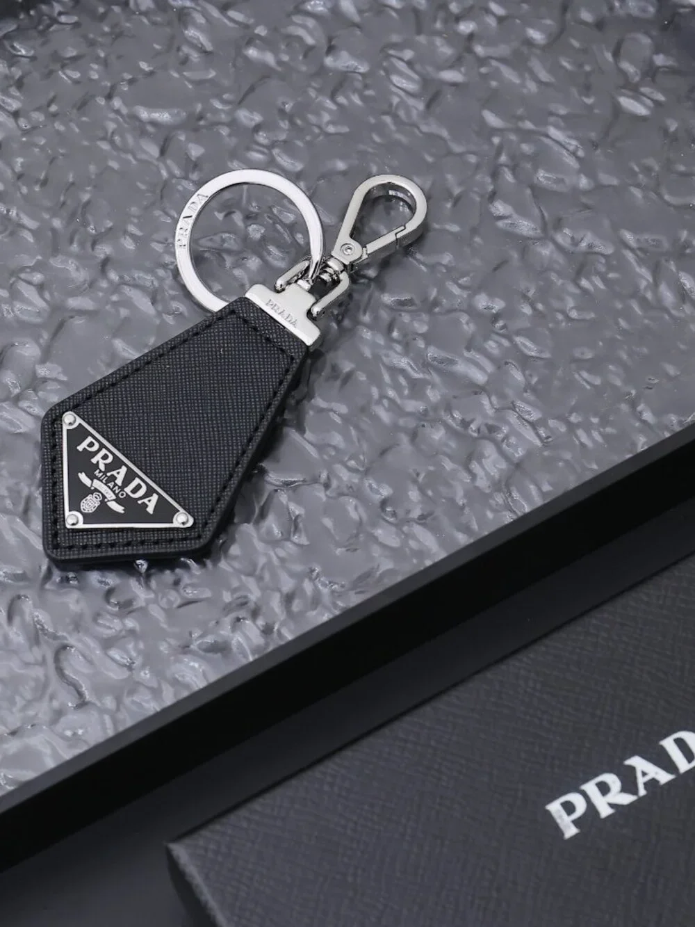 ✨ Prada Black Triangle Logo Leather Keychain